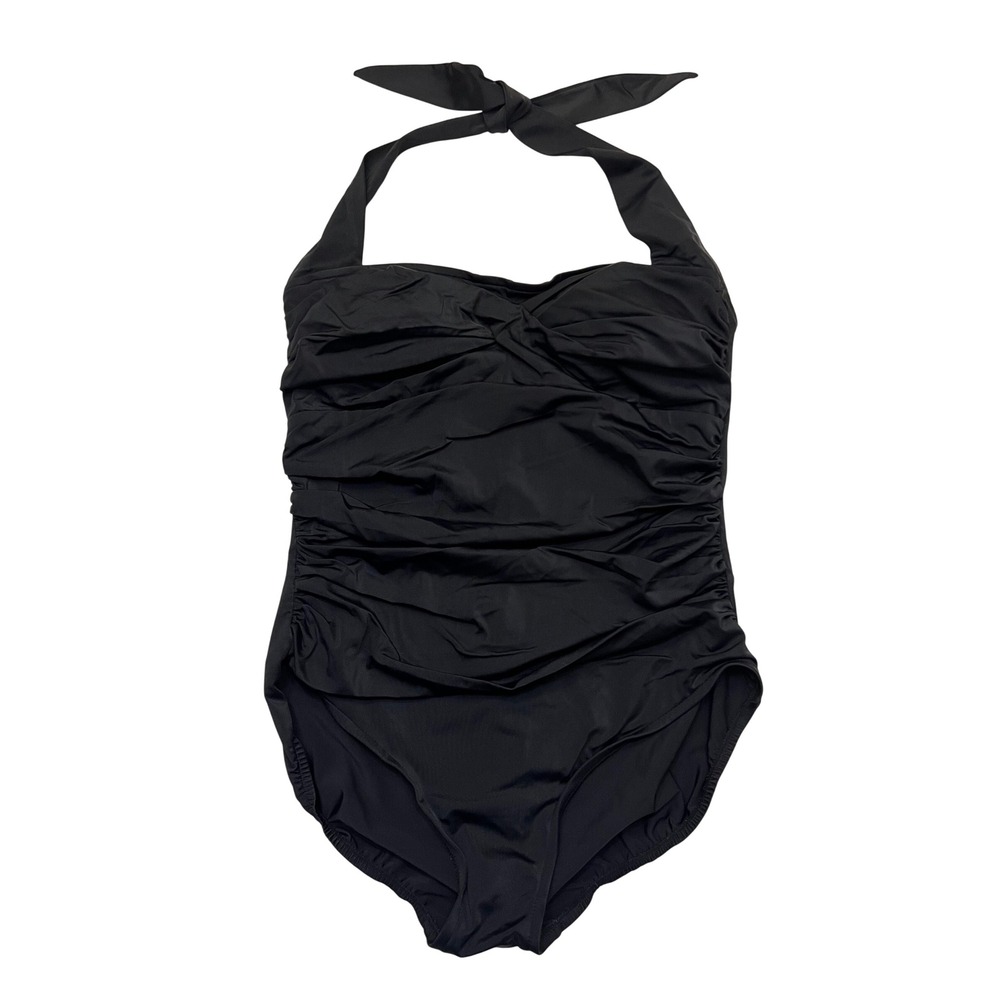 Suddenly Slim by Catalina Black Ruched Halter One Piece Swimsuit 2X 18W-20W